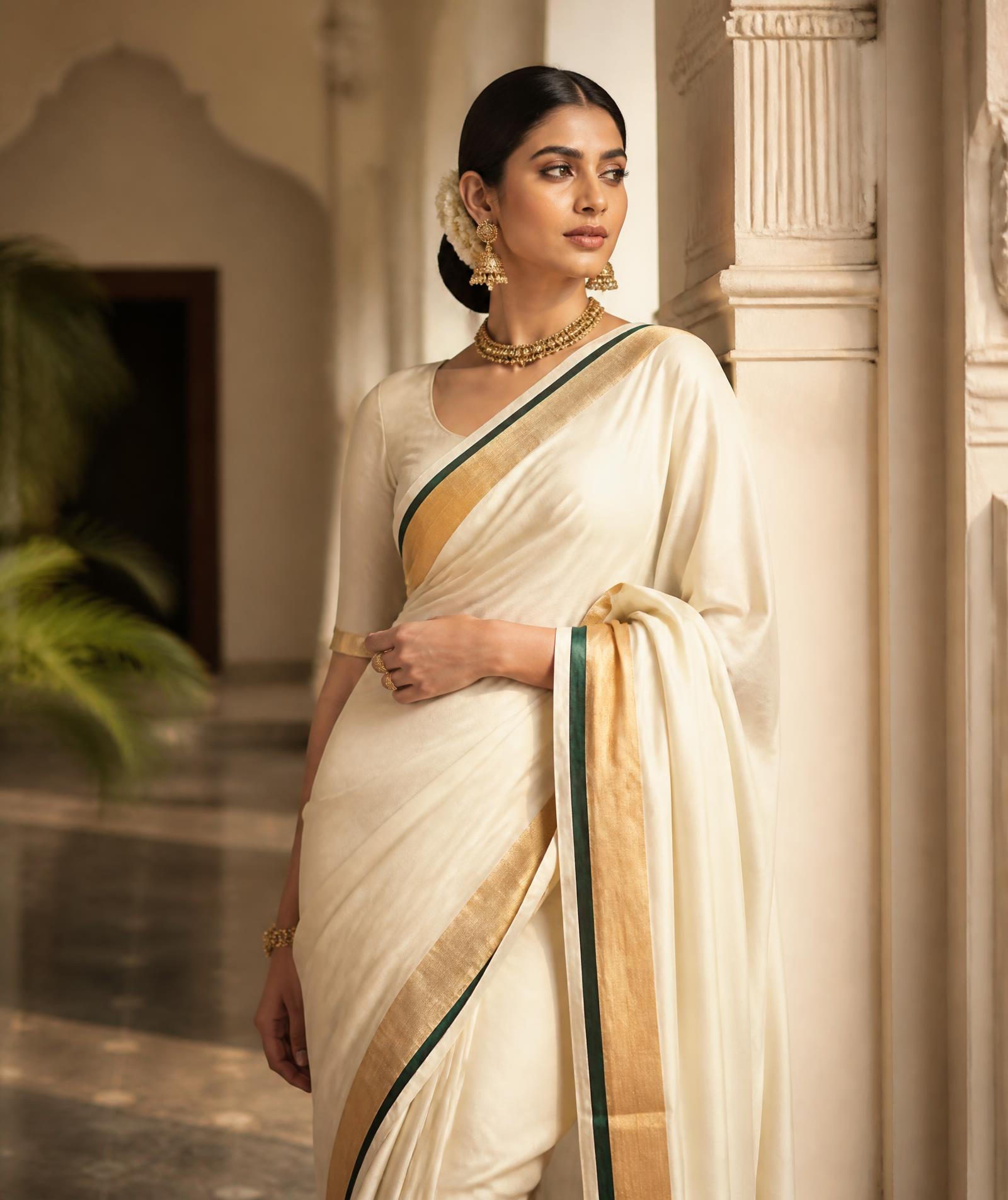 Model wearing an ivory Kerala kasavu saree with gold zari border